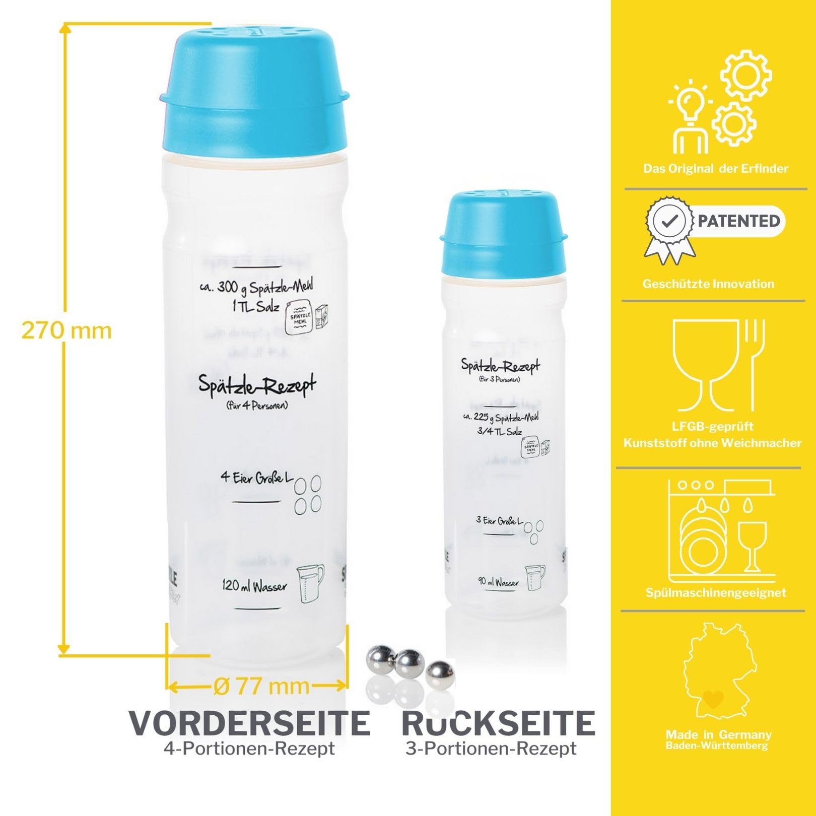 FOOD-SHAKER-SET mit 875ml-Pfannkuchen-Shaker + 4-Portionen-Spätzle-Shaker Teigmixer mit Spätzlepresse und Portionierer Patentiert Made in Germany in der Farbe BLAU