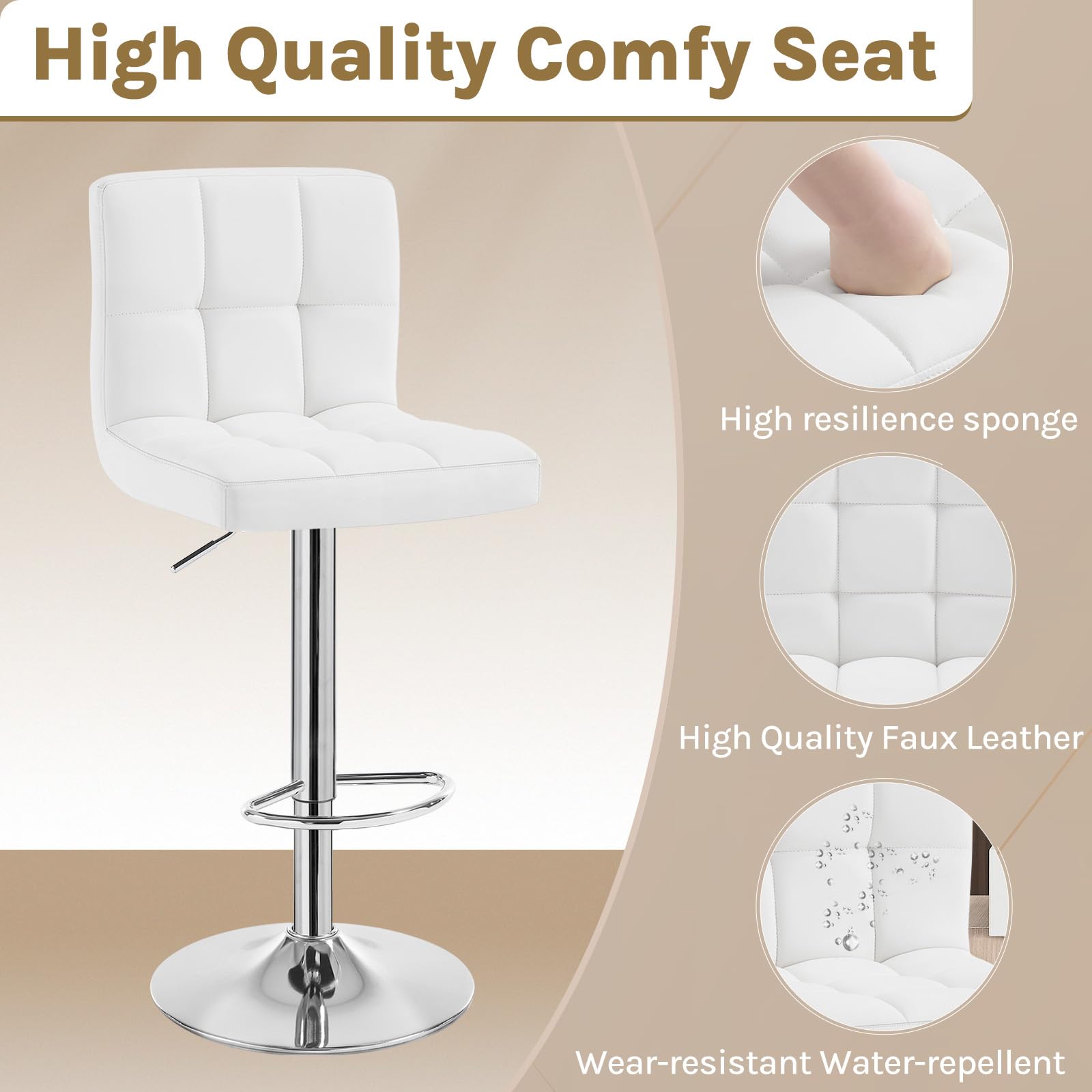 Verstelbare gebroken wit stoffen barstoel met witte metalen basis (set van 2