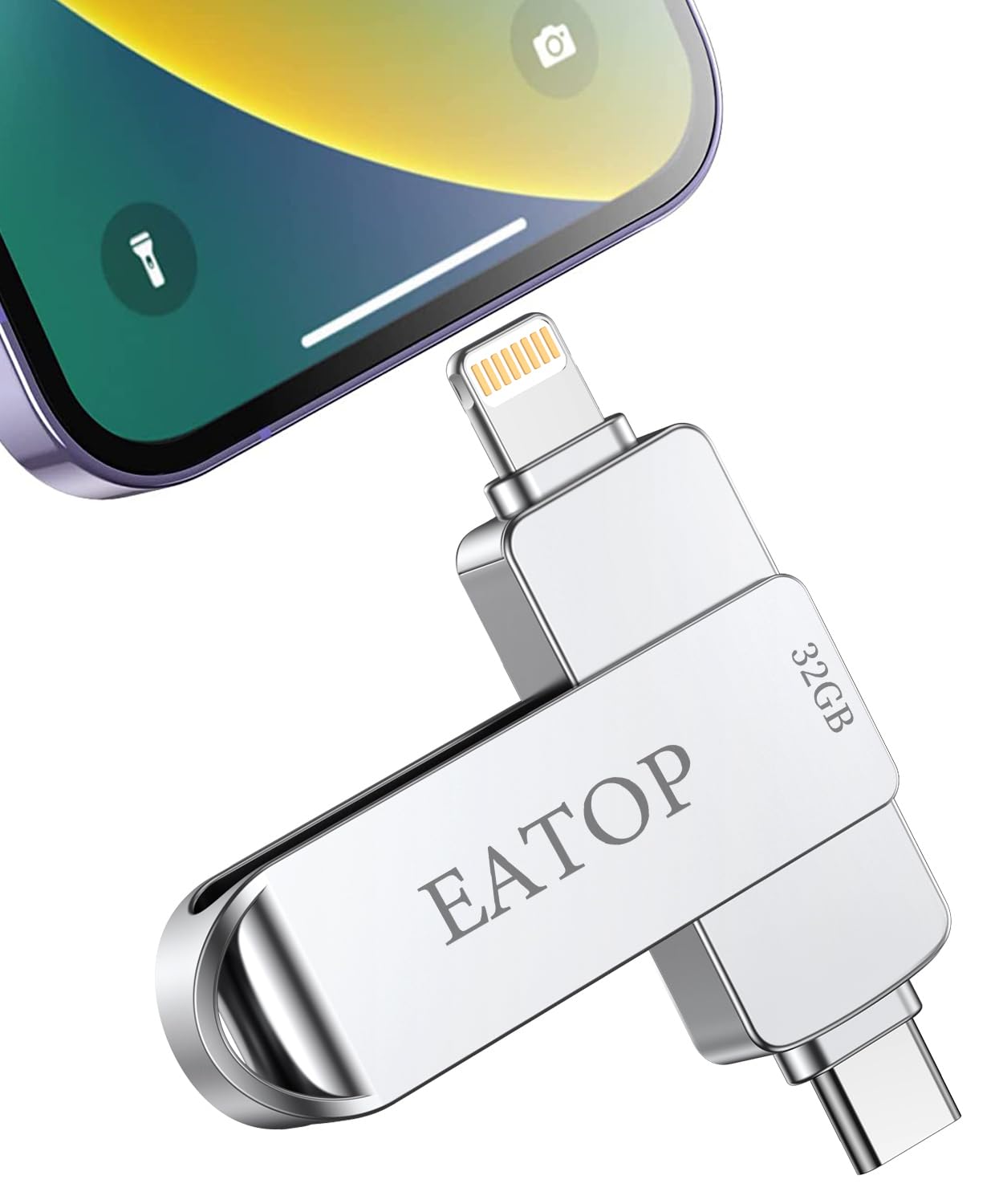 EATOP 32GB Photo Stick for iPhone Memory Stick, iPhone Flash Thumb Drives External Storage Compatible with iPhone/iPad/PC (Silver)