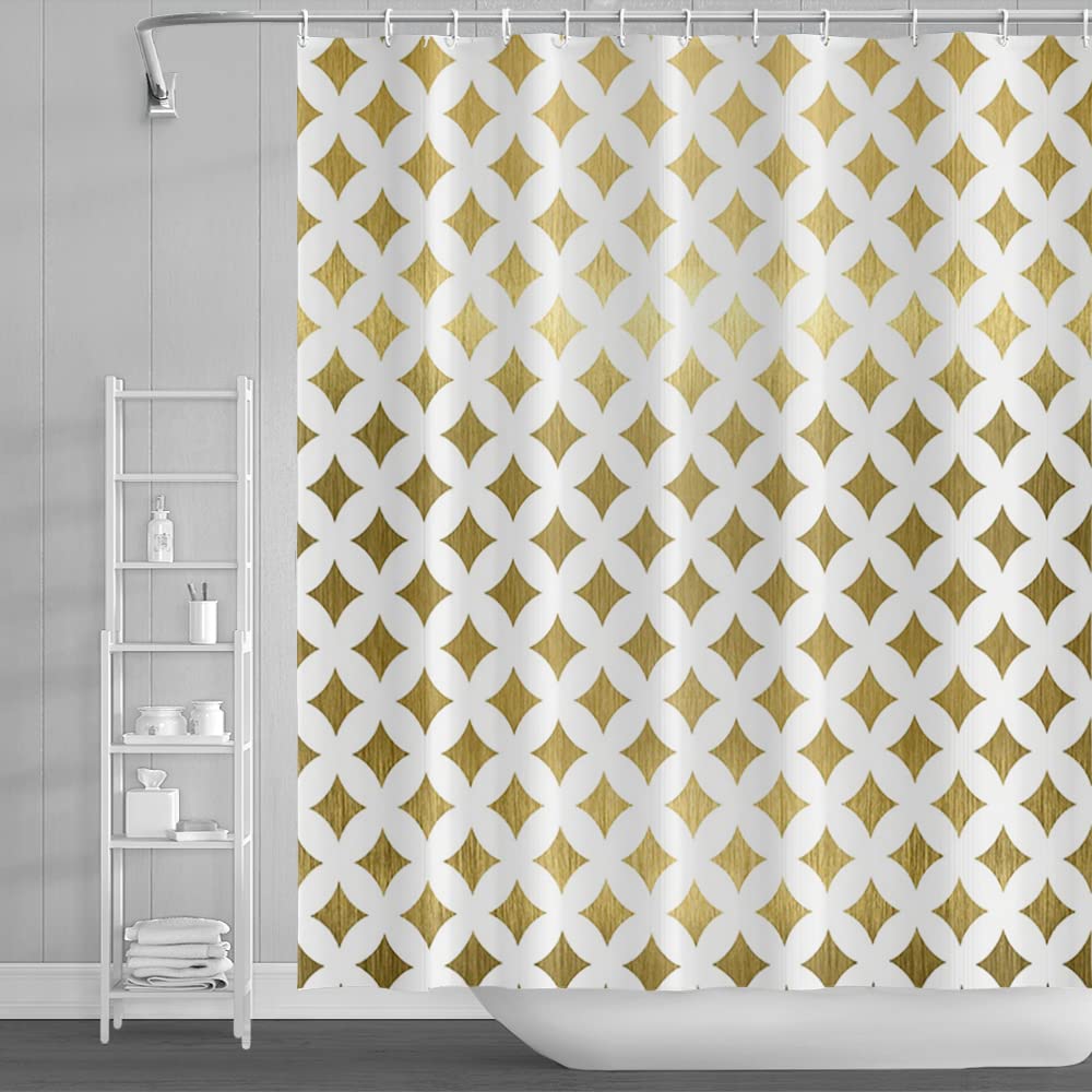 SDOTPMT 180x243cm Golden Geometric Shower Curtain Abstract Yellow Symmetric Geometry Bath Curtain White Floral Bathtub Curtain for Kids Bathroom Decor Fabric Polyester Waterproof with Hooks