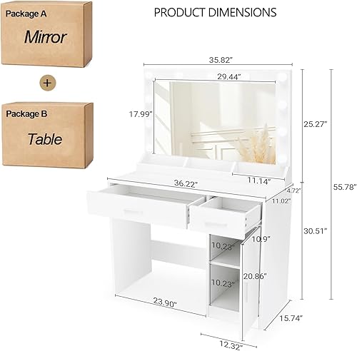 Miniatura 6 de Likein Tocador de maquillaje con estación de carga, tocador blanco de 36 pulgadas con espejo iluminado, escritorio de tocador con espejo y luces,
