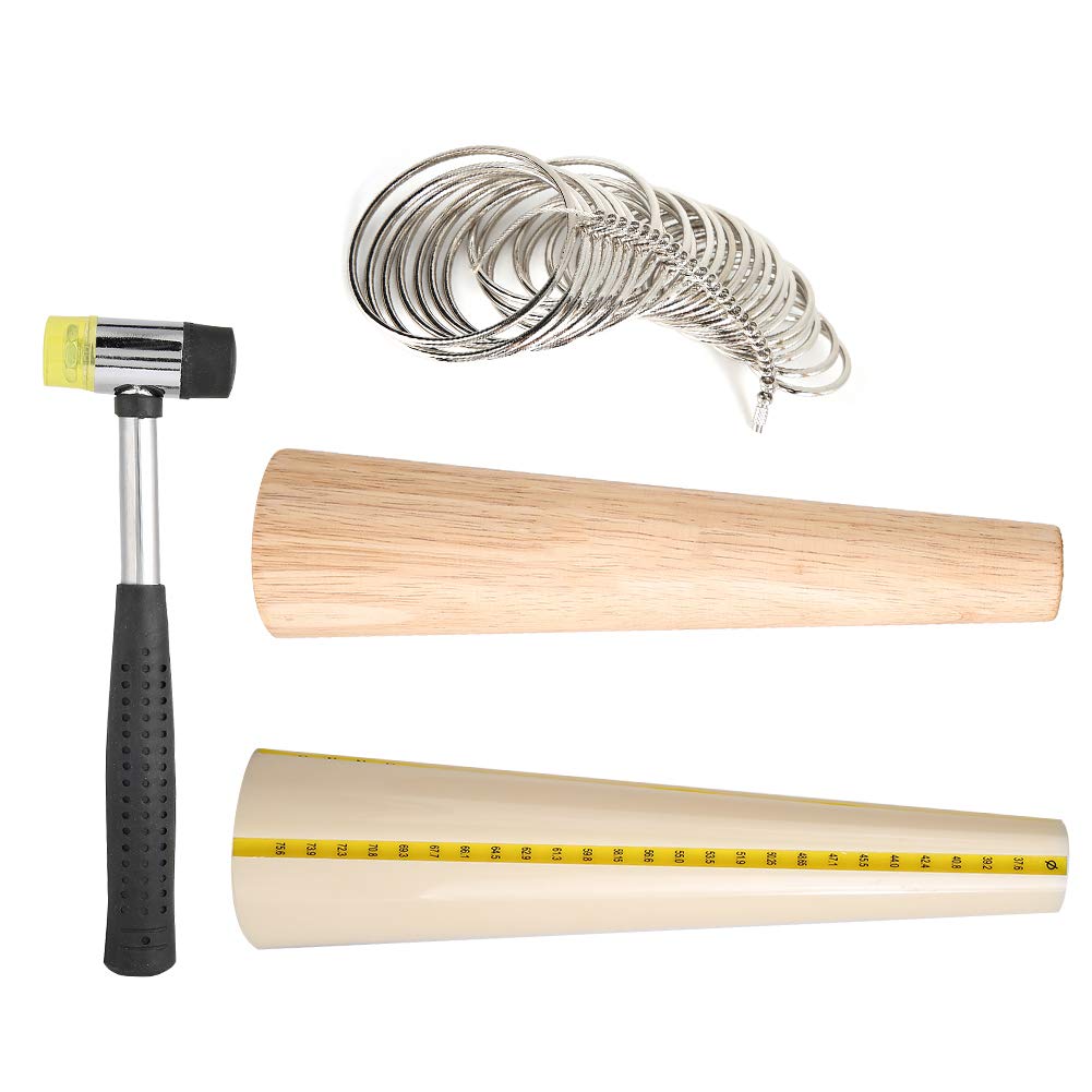 4PCS Mandrel Sizer Set, Jewelry Making Tools for Ring Bracelet Measuring Repairing, Includes Mandrel Sizer Bangle Mandrel Bracelet Sizer Hammer, Wooden Material Harmless and Eco