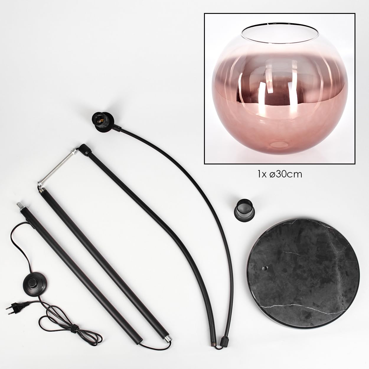 Lámpara de pie HOFSTEIN Koyoto, de metal/cristal en negro/cobre/claro con base de mármol, lámpara ajustable de diseño retro (pantalla de Ø 30 cm), interruptor de pie, E27, salón, dormitorio, pasillo