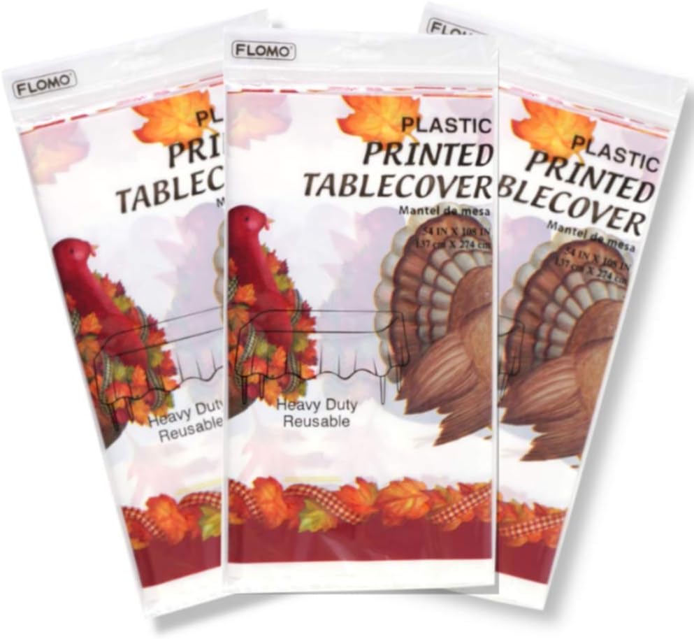 J2 Home 3 Pack Thanksgiving Table Cloth Disposable Plastic Cover 54" x 108" Perfect for Fall (Fall Turkey)