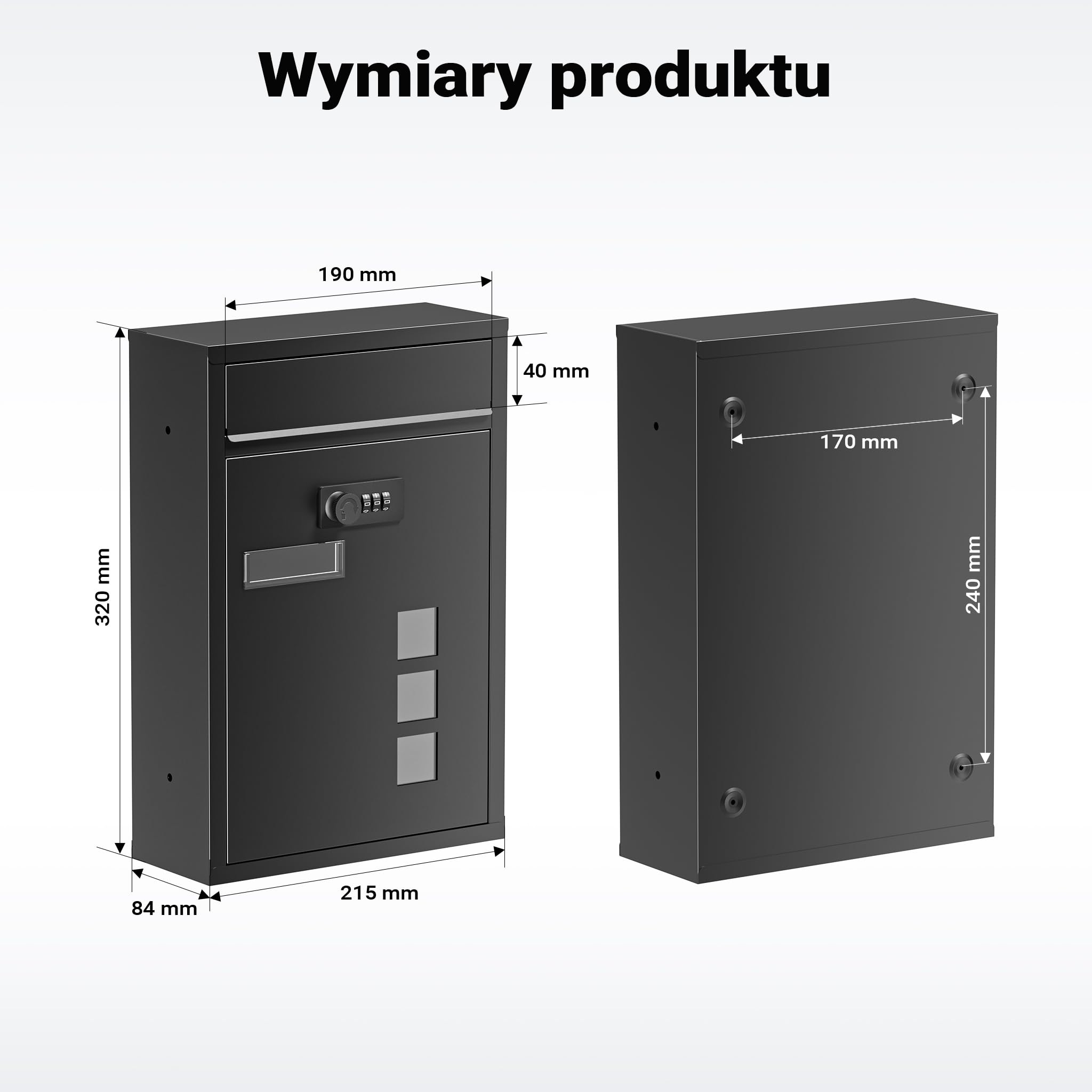 Wiltec Skrzynka na listy z zamkiem szyfrowym, imiennikiem i wizjerem, czarna skrzynka pocztowa do montażu na ścianie, stalowa, malowana proszkowo