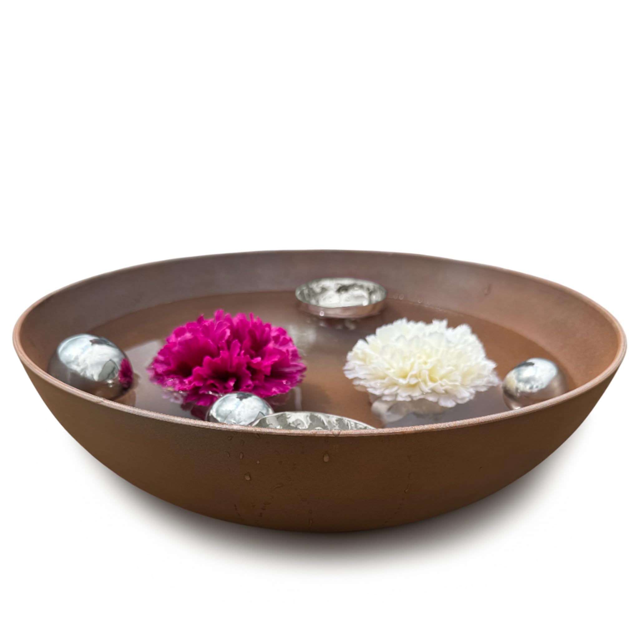matches21 HOME & HOBBY Mini étang complet avec pot de fleurs bombé rouillé Ø 37 cm avec boules flottantes et photophores argentés