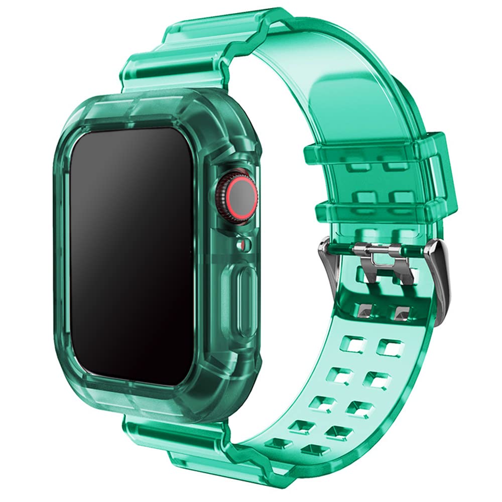 Compatible with Apple Watch Bands 41mm/40mm/38mm 45mm/44mm/42mm Transparent Clear Band with Bumper Case Shockproof TPU Sport Watch Strap for Series 9/8/7/6/5/4/3/SE (41mm/40mm/38mm, Green)
