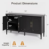Vista 2 de Console Table, 58'' Mid Century Modern Pantry Cabinet, Wood Buffet Sideboard, Media Credenza with 4 Doors, Accent Storage for Entryway, Living Room
