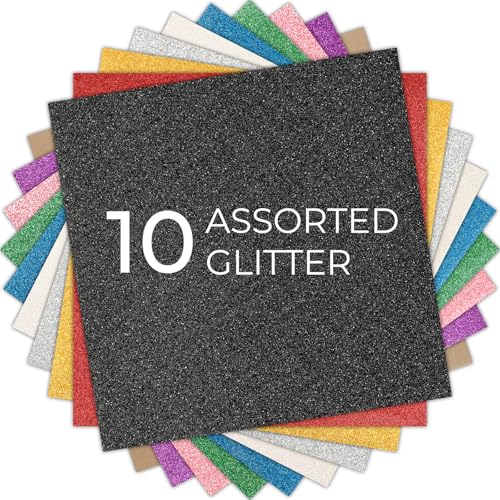 Image of HTVRONT Glitter HTV Heat Transfer Vinyl Bundle: 10 Pack 12 inchx12 inch Iron on Vinyl for T-Shirt (1 PTFE Sheet Included), PU HTV Easy to Cut & Weed for Heat Design