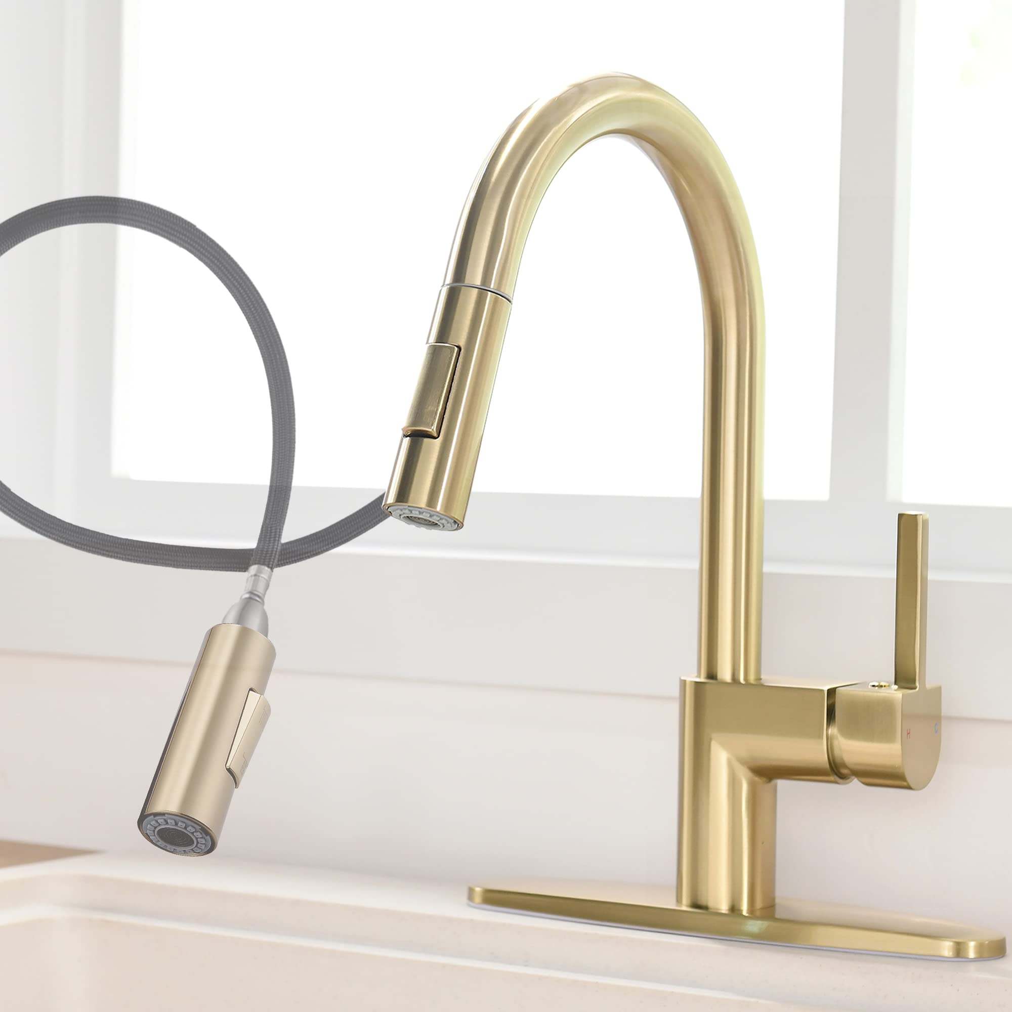 FROPO Gold Kitchen Faucet with Pull Down Sprayer - Modern Single Handle Pull Down Kitchen Sink Faucet with Deck Plate | Commercial Kitchen Faucet for 1 & 3 Hole Stainless Steel Brushed Gold