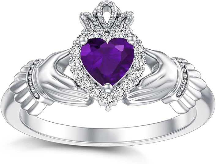 10K 14K 18K Gold 0.1 Cttw Natural Diamond Irish Claddagh Gemstone Rings for Women Customized Irish Claddagh Heart Promise Ring with Birthstone Jewelry Gift for Her