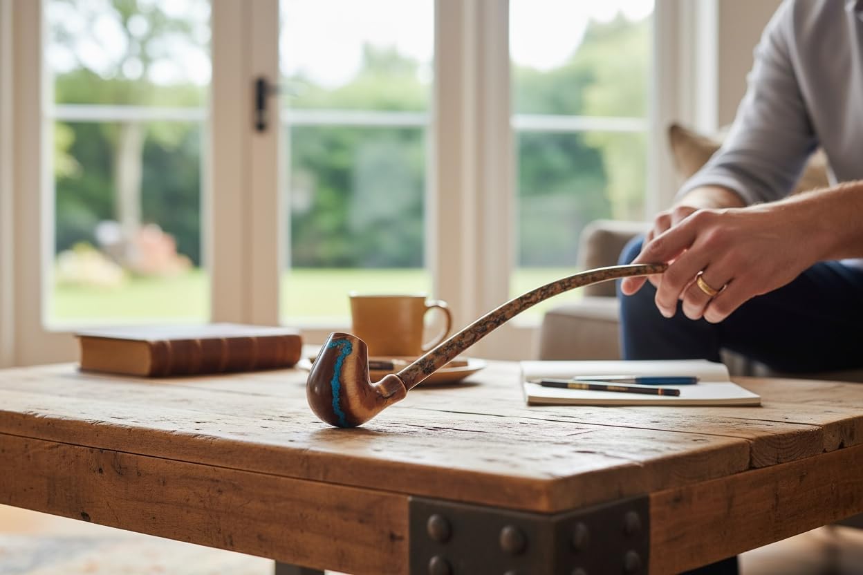 Handcrafted Wooden Tobacco Pipe with Turquoise Inlay, Long Curved Bent Stem Smoking Pipe for Tobacco, Unique Handmade Gift for Men