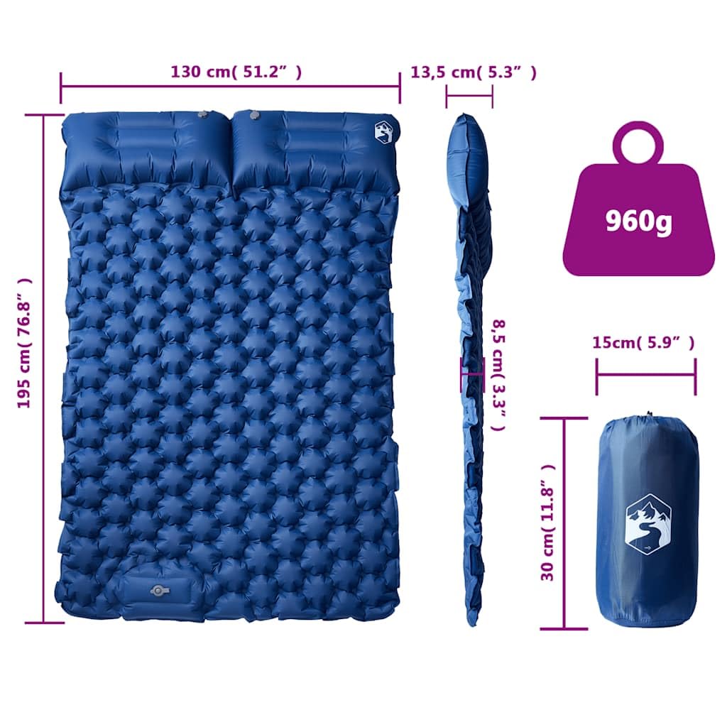 Samopompująca się podwójna karimata z poduszką dla 2 osób, granatowa, nylon 40D z powłoką TPU, 195 x 130 x 8,5 cm, pompka nożna, kompaktowa na kemping, wędrówki, trekking, do aktywności na