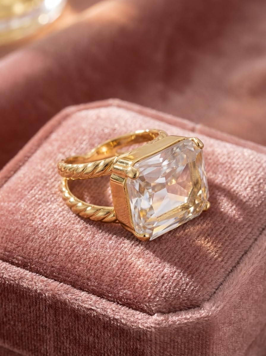 Sorrelli Kathleen Statement Ring – Emerald-Cut Candy Gem Crystal on Braided Double Band (Size 7)