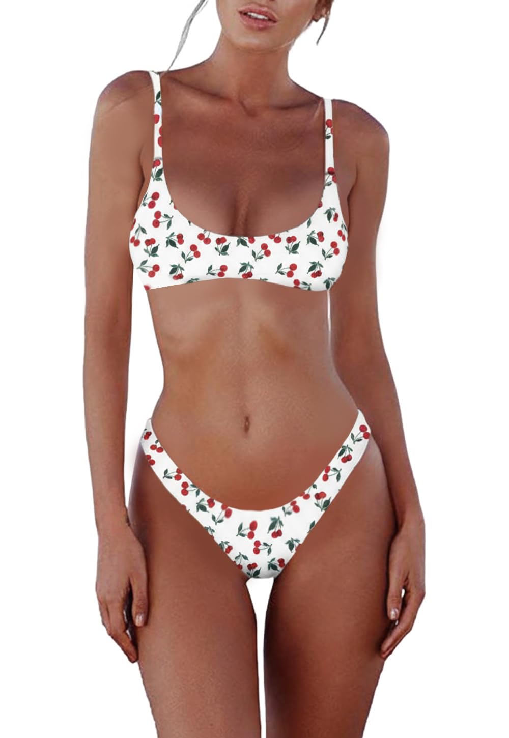 SherryDC Women's Solid Scoop Neck Push Up Padded Brazilian Thong Bikini Swimsuit Bathing Suit