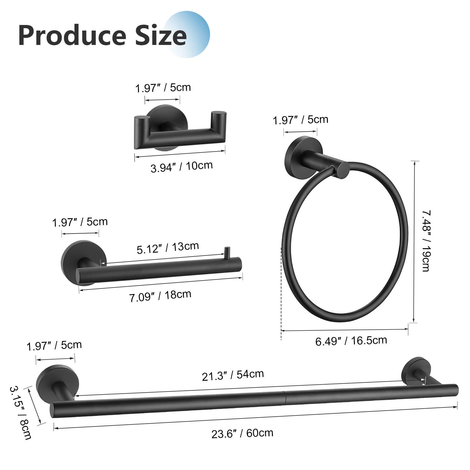 Lot de 5 barres porte-serviettes Noir mat 60 cm