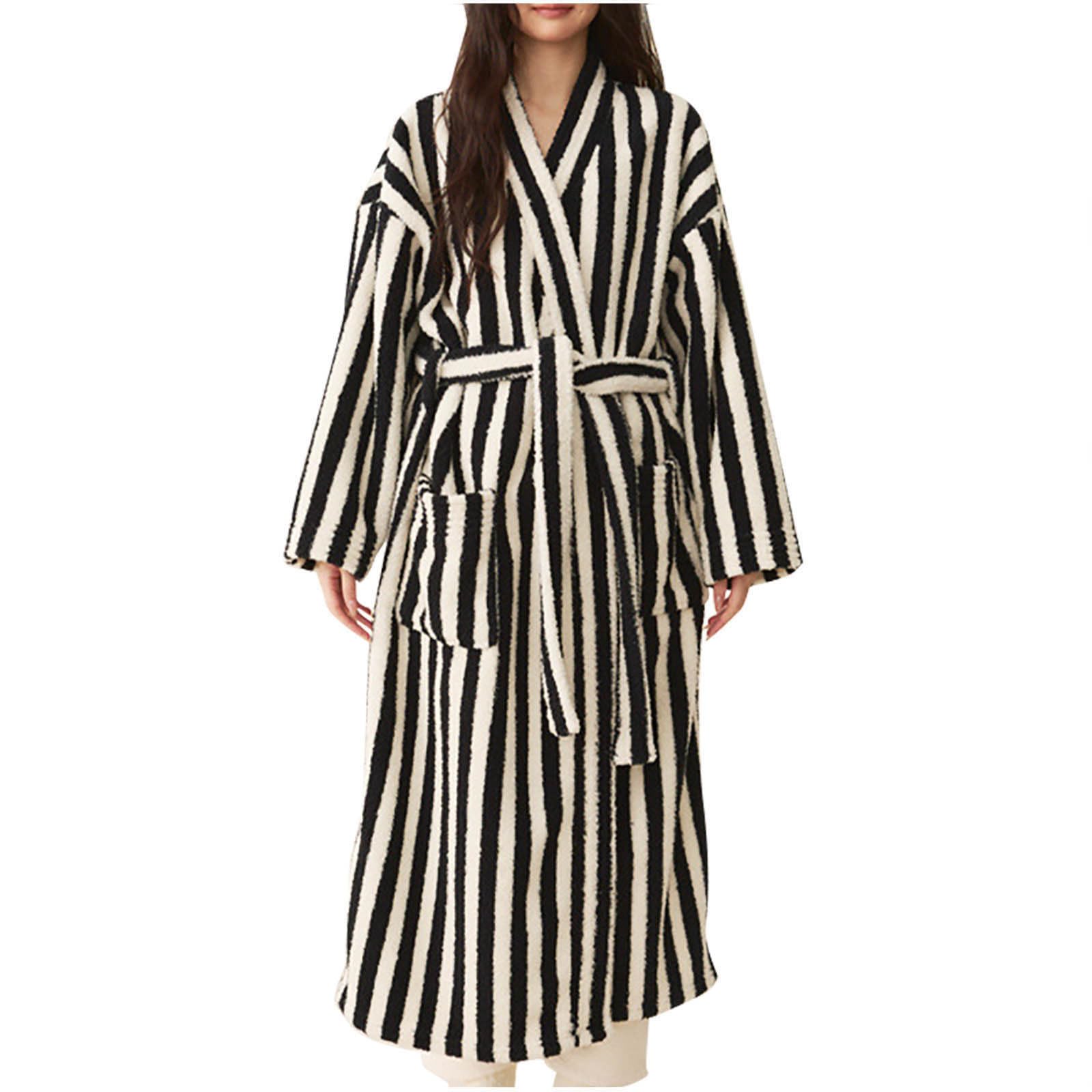 HGps8w Womens Striped Plush Fleece Robe, Cozy Warm Shower Bathrobe Fuzzy Female Spa Robe With Pockets & Belt