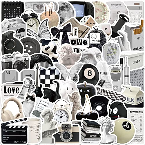 Yeria 61 Pièces Autocollants Minimalistes Noirs et Blancs,Stickers Vintage,Autocollants Scrapbooking Imperméables pour Bagages,Ordinateurs...