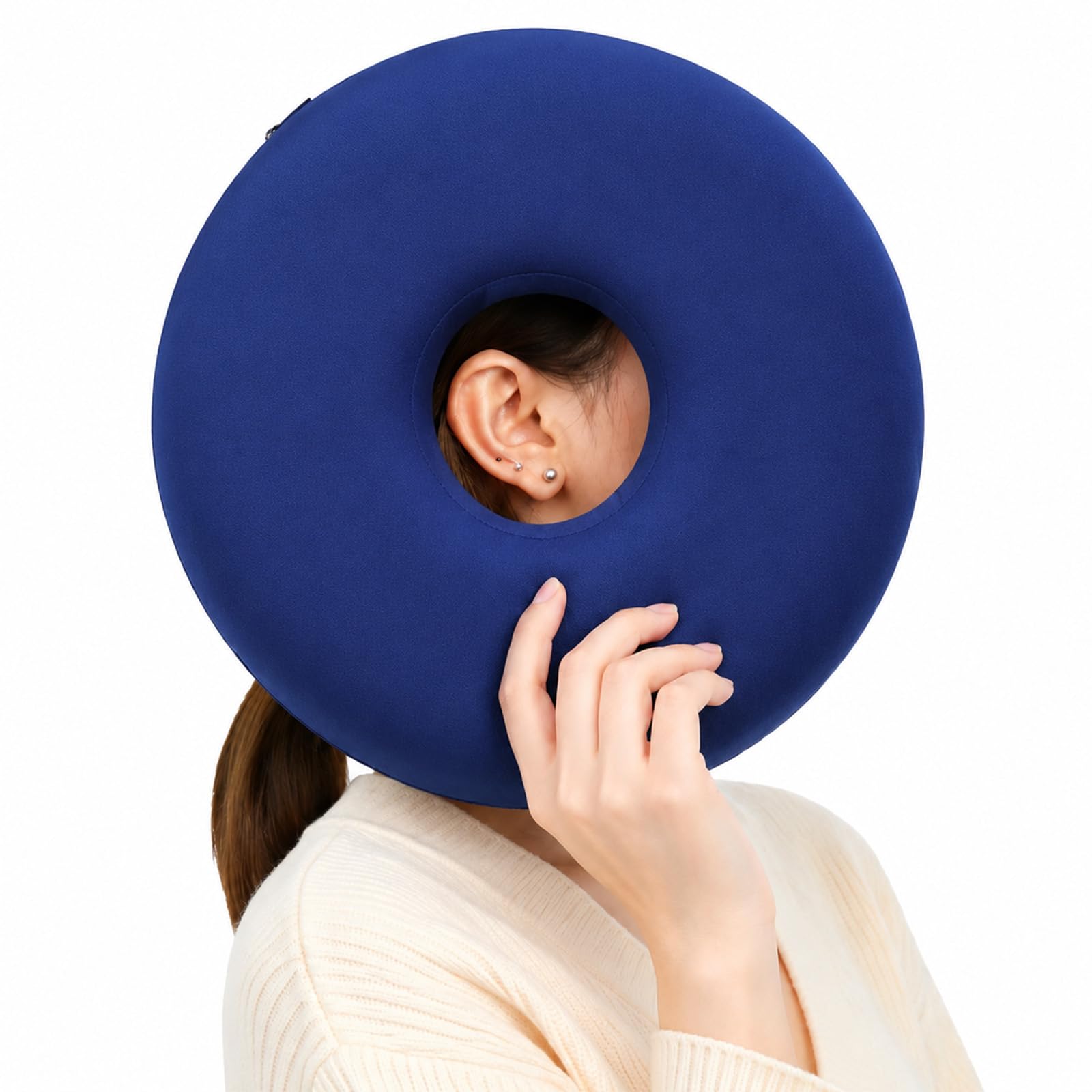 QFWFG Donut Ear Piercing Pillow for Side Sleepers, 25cm Memory Foam Pillow With Hole For Ear, Removable Washable Cover Soft Adjustable Piercing Pillow For Pierced Ear Relief Sleeping (Blue)