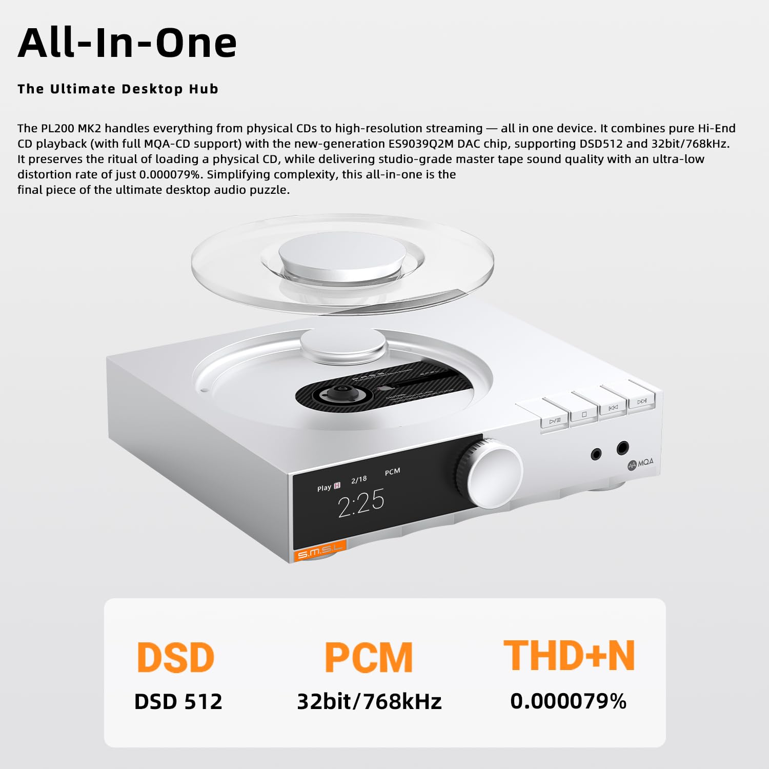SMSL PL200 MK2 Lecteur CD MQA, lecteur CD tout-en-un intégrant un DAC et un amplificateur de casque,Hi-End DAC chip ES9039Q2M,lecture sans coupure,Entrées:USB/BT/CD; Sorties:RCA/XLR/casque/coax/opt/BT