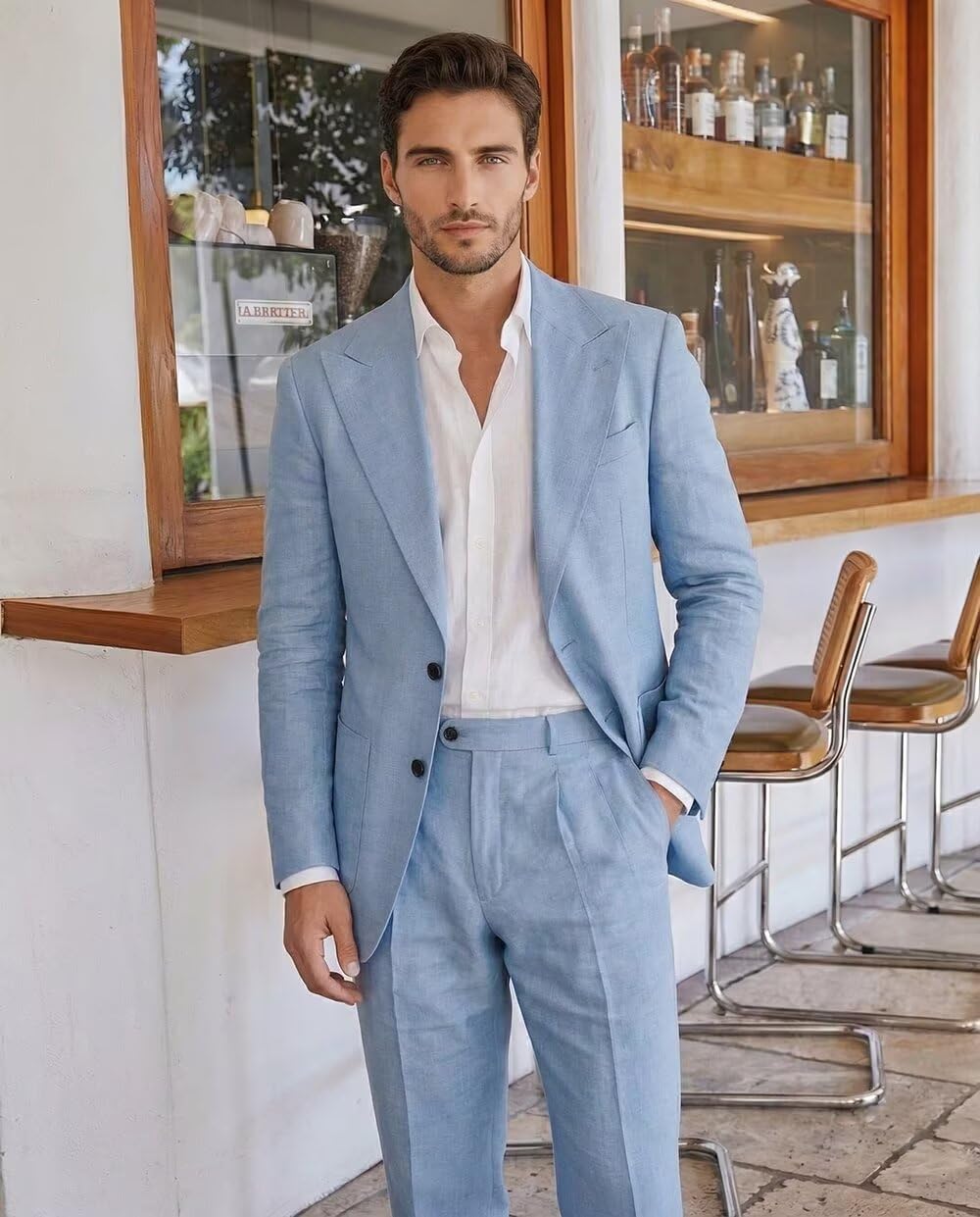 Mens Linen Suit 2 Piece Slim Fit Casual Lightweight Suits for Beach Wedding Peak Lapel Jacket Pants Set
