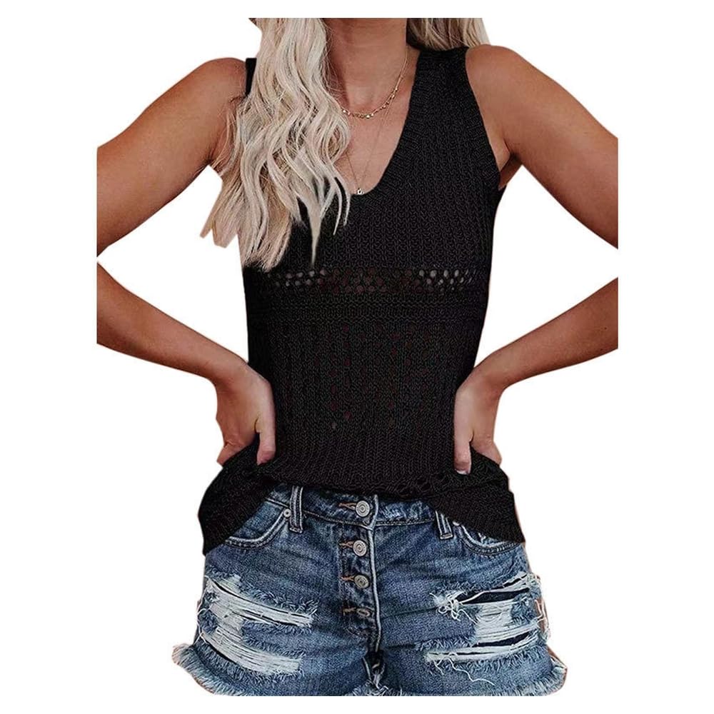 Womens Sweater Knit Vest Sleeveless Sexy Crochet Hollow Out V Neck Trendy Base Tank Sweaters Breathable Slim Sweaters