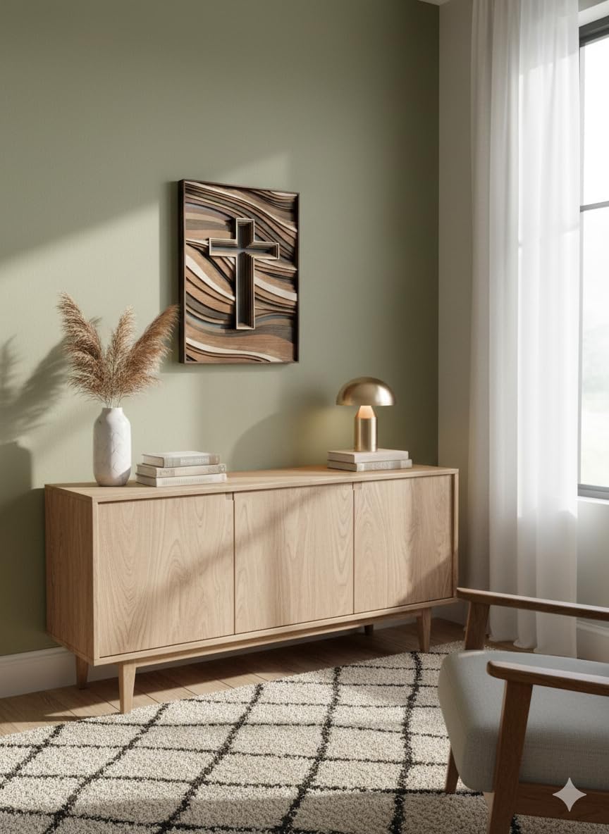 3D Layered Wooden Cross Wall Art – Handcrafted Plywood with Wave Pattern, Multi-Tone Natural Wood Grain Decor