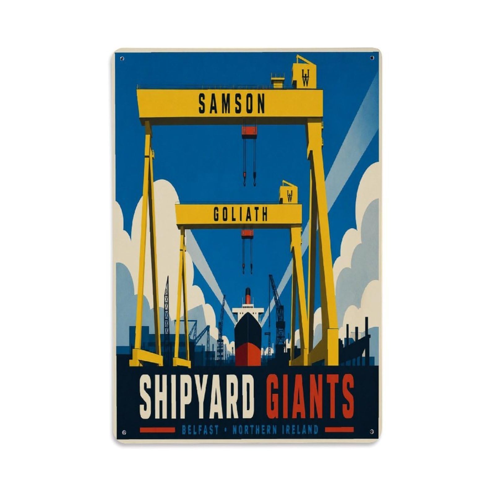 Belfast Shipyard Yellow Cranes Maritime Heritage Metal Tin Sign Plaque Wall Decor for Cafe, Man Cave, Club Bar, Office, Home Garden Round Metal Poster 8x12Inch