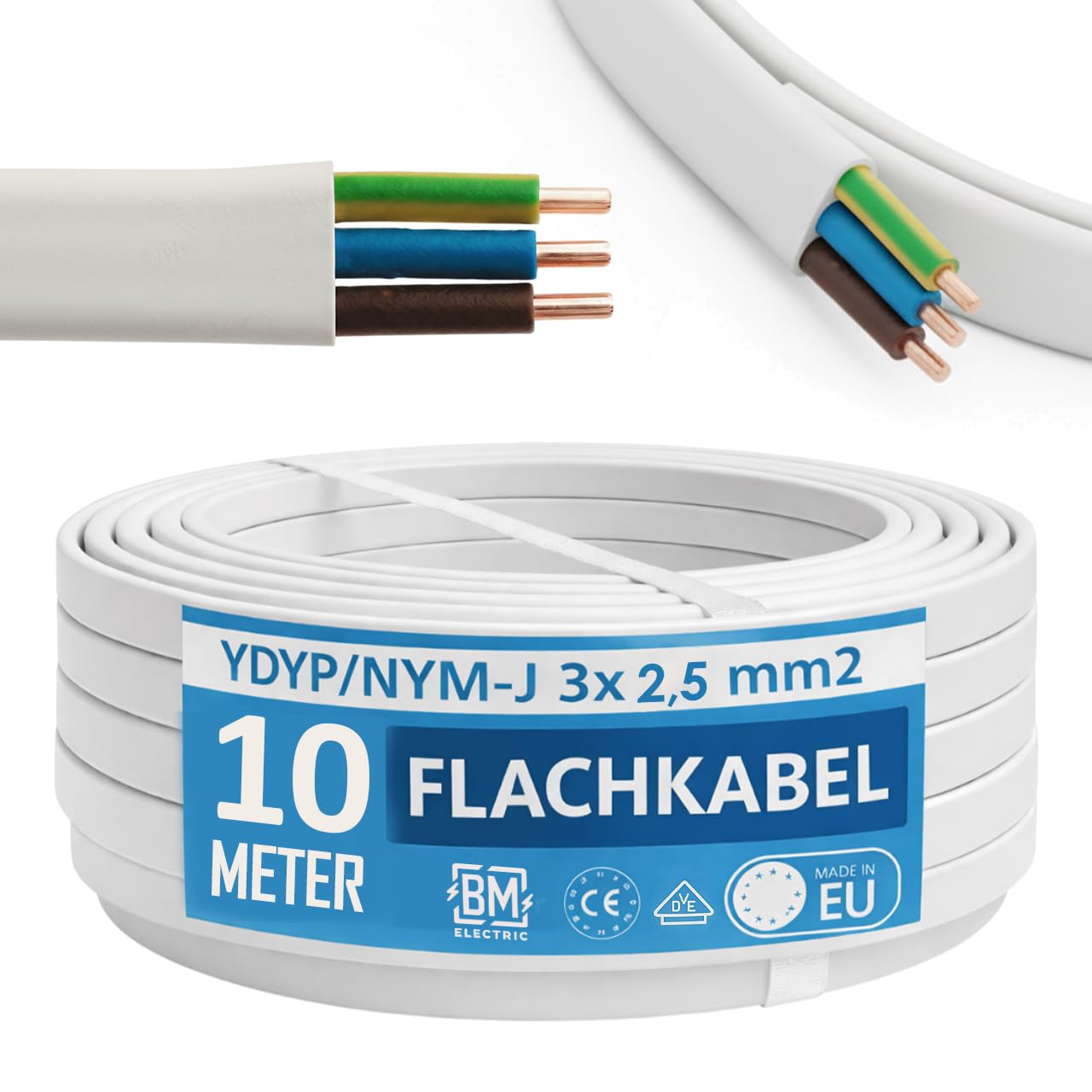 YDYp Câble d'installation plat NYM-J 3 × 2,5 mm², profilés 11 × 6 mm, conducteurs en cuivre 300/500 V, gris PVC Sheath, installation fixe pour pièces sèches, vapeur, pièces humides, cœurs