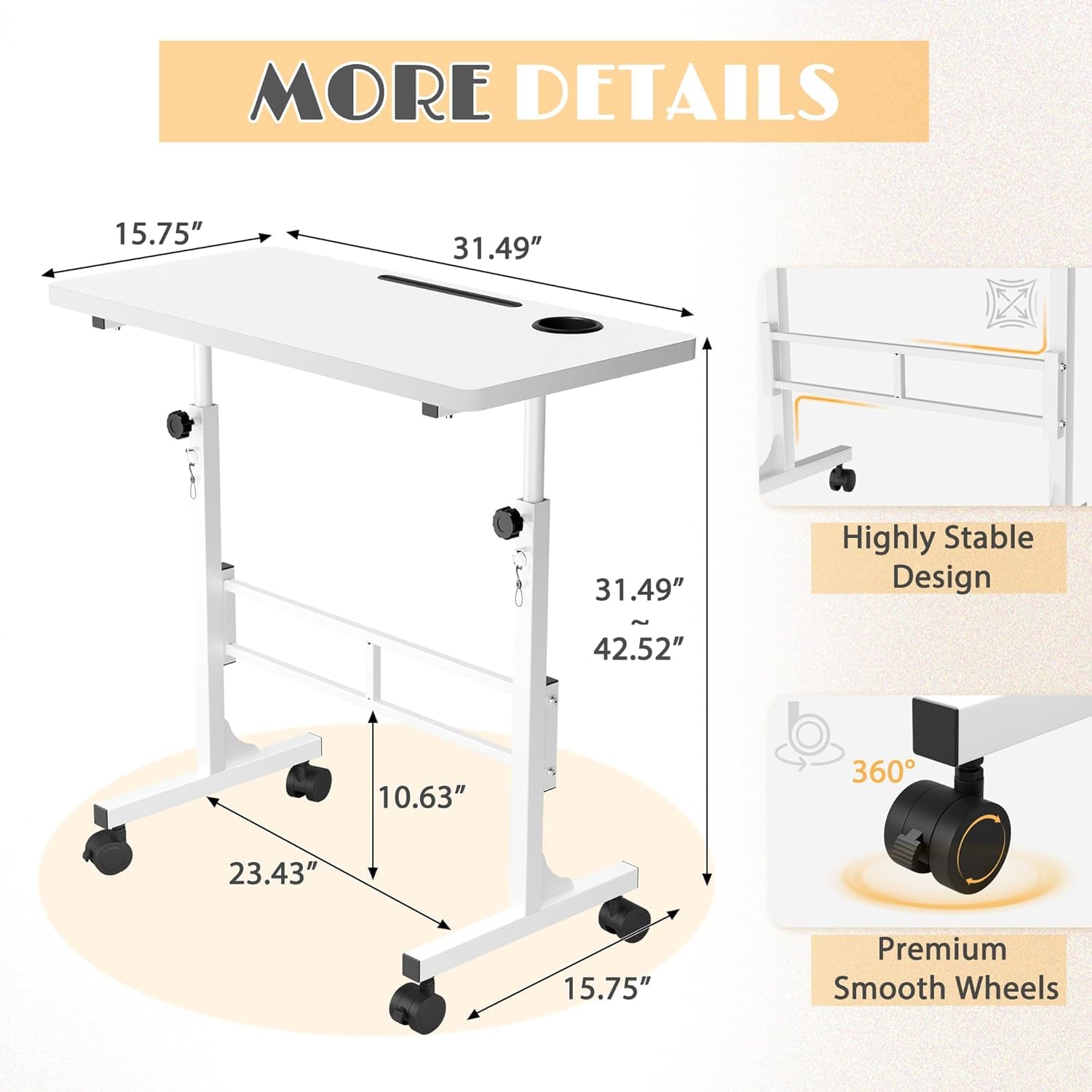Furmax Small Portable Standing Desk Adjustable Height Mobile Stand Laptop Computer Workstation with Lockable Wheels for Walking Pad — view 3