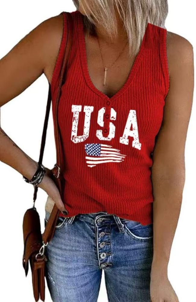 Womens American Flag Button V-Neck Tank Coloful Printed Sleeveless Patriotic Shirts Summer Tops