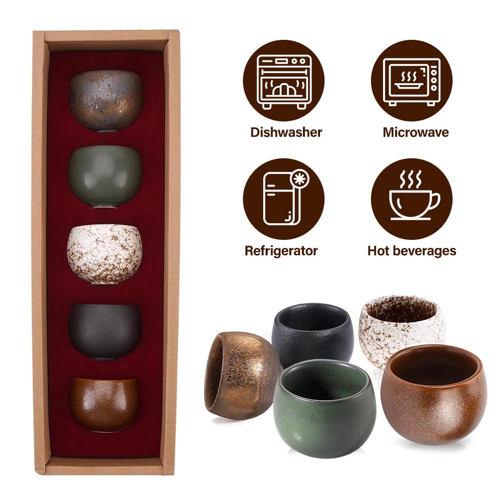 Set Tazzine Caffè Espresso, 5 Pezzi Ceramica Tazzine Caffe Particolari 50 ML, Tazze da Caffè in Ceramica a Pareti Spesse con Scatola Regalo, Senza Manico, Regali per Amici e Familiari