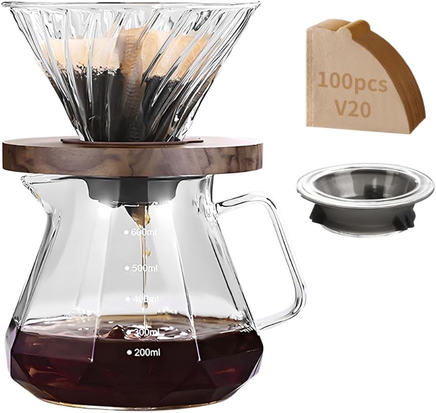 Miniatura 1 de Kit profesional de cafetera de vidrio para verter sobre café, cafetera en forma de V de 21.1 onzas líquidas con mango de nogal y filtros de 100 V20,