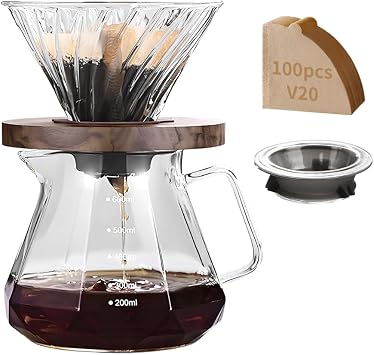 Professional Glass Pour Over Coffee Maker Kit - 600ml V-Shaped Brewer with Walnut Handle & 100 V20 Filters, 20 oz Borosilicate Carafe for Camping Home Brewing Gifts