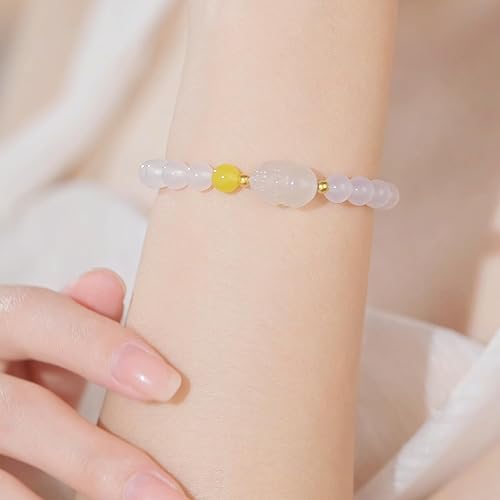 Miniatura 3 de Pulseras de oro de 18K con cuentas de calcedonia, pulsera con amuleto Pixiu, pulsera elástica natural con cuentas redondas de calcedonia
