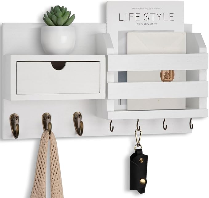 Wall Mount Key Holder with Mail Organizer, 100% Paulownia Wood, 7 Metal Hooks, Storage Drawer, Entryway Home Decor (White)