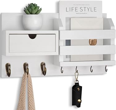 Lwenki Wall Mount Key Holder with Mail Organizer, 100% Paulownia Wood, 7 Metal Hooks, Storage Drawer, Entryway Home Decor White