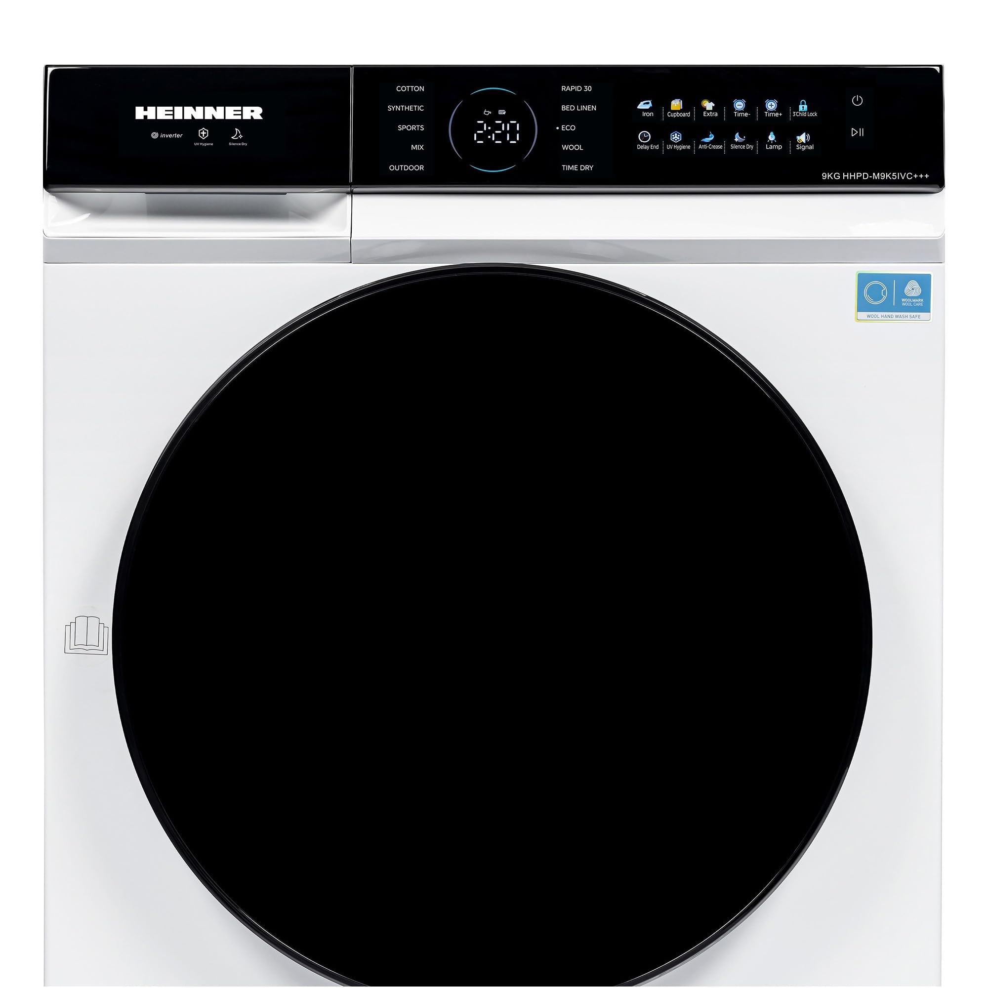 HHPD‑M9K5IVC+++ Wärmepumpentrockner – 9 kg Fassungsvermögen, energiesparender Inverter-Motor, Energieklasse C, LED-Display, 10 Programme inkl, modernes Weißes, inklusive 5-Jahres-Garantie