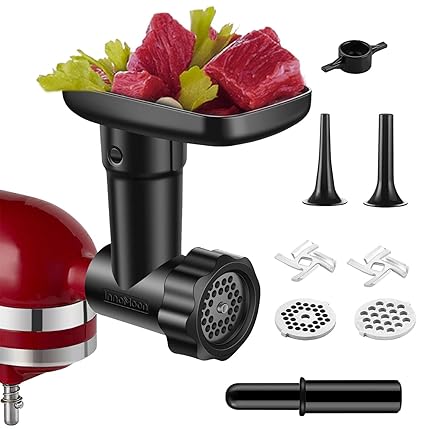 InnoMoon Food Meat Grind Attachment with 2 Sausage Filler Tubes, 2 Grinder Plates for KitchenAid Stand Mixer (Black)