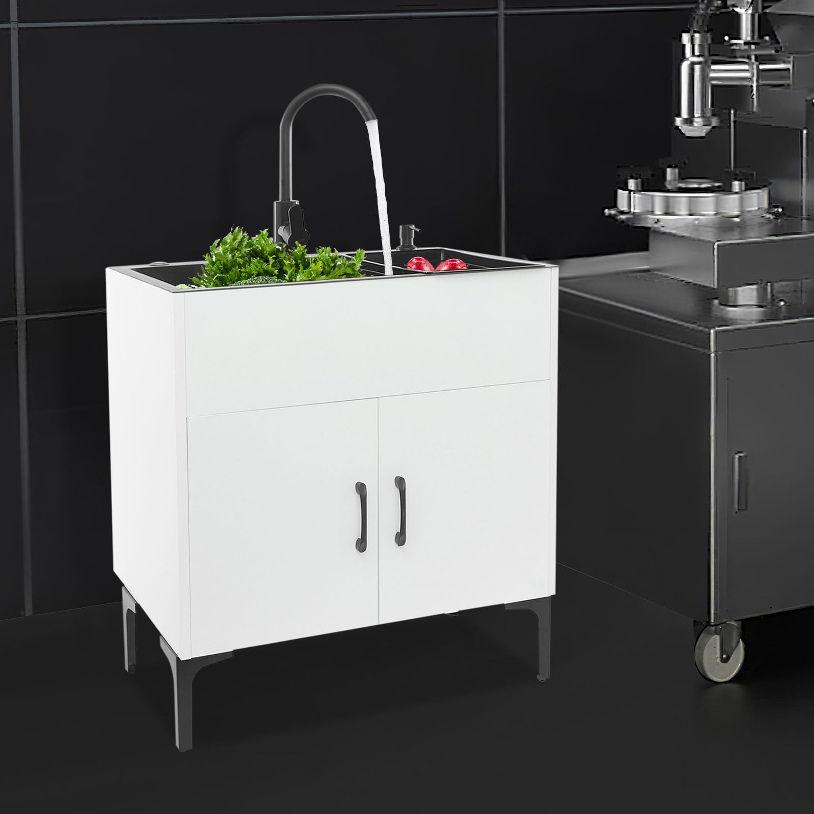 Freistehende Küchenspüle mit Unterschrank und 360° drehendem Wasserhahn, 68x45 cm Wäschespüle Freistehende Spültisch mit Seifenspender und Ablaufkorb für Küche, Garten, Werkstatt, Waschküche (Weiß)