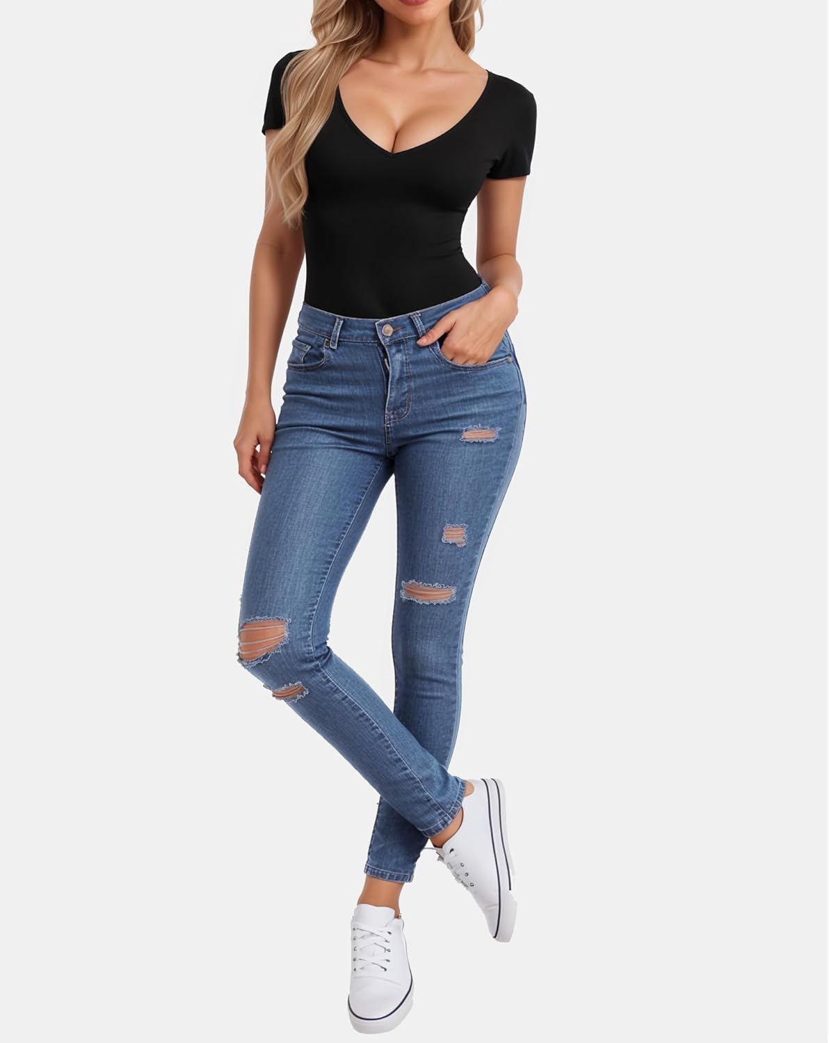 CLOZOZ Short Sleeve Long Sleeve Tops for Women Sexy Womens V Neck T Shirts Fitted Shirts Tight Basic Tee - Image 4