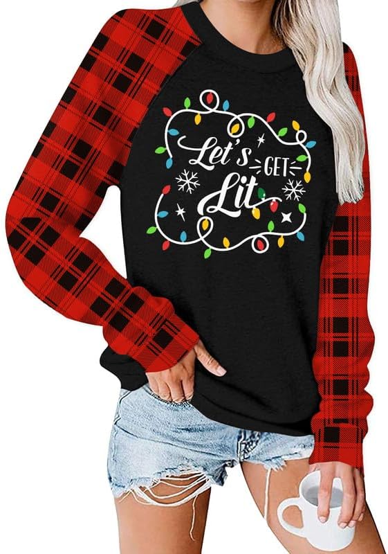 For G and PL Christmas Womens Raglan Letter Print Holiday Graphic Shirts Funny Sweatshirts Buffalo Plaid Light Club Let's Get Lit XL