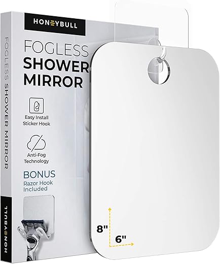 HONEYBULL Fogless Shower Mirror for Shaving – Anti-Fog Acrylic Mirror with Razor Holder, No-Drill Wall Mount, Flat Design for Steam Showers, Medium 6x8in