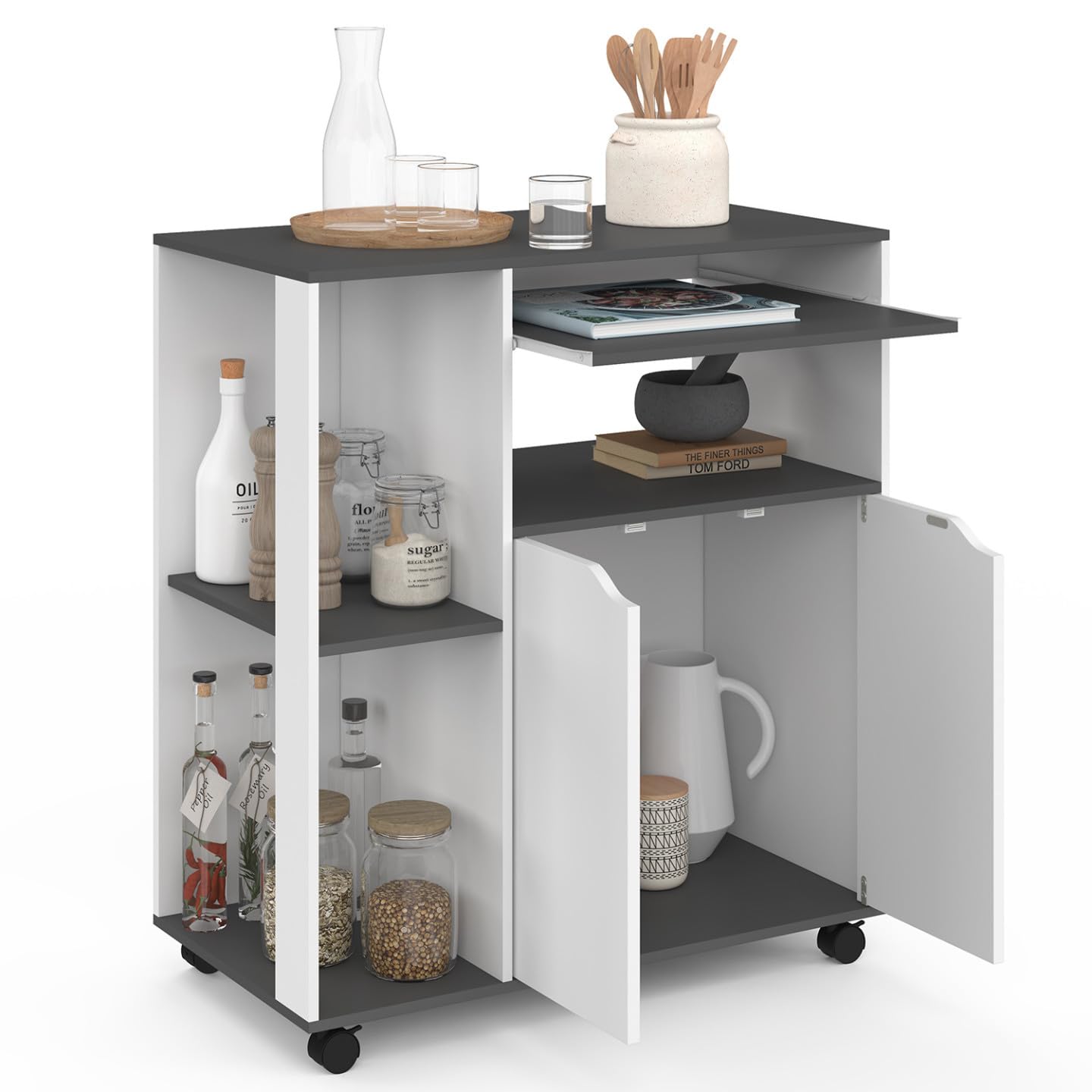 Carrello Da Cucina IDMarket COSI - Legno Bianco E Piano Grigio, 76 Cm, Con Ruote E Freni