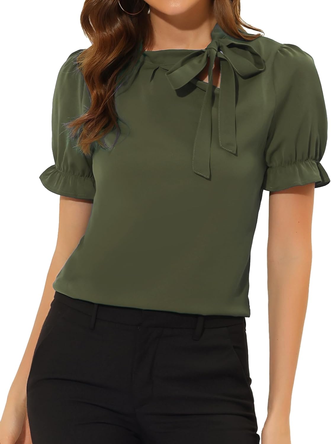 Allegra K Women's Bow Tie Neck Tops Elegant Office Short Sleeve Blouse