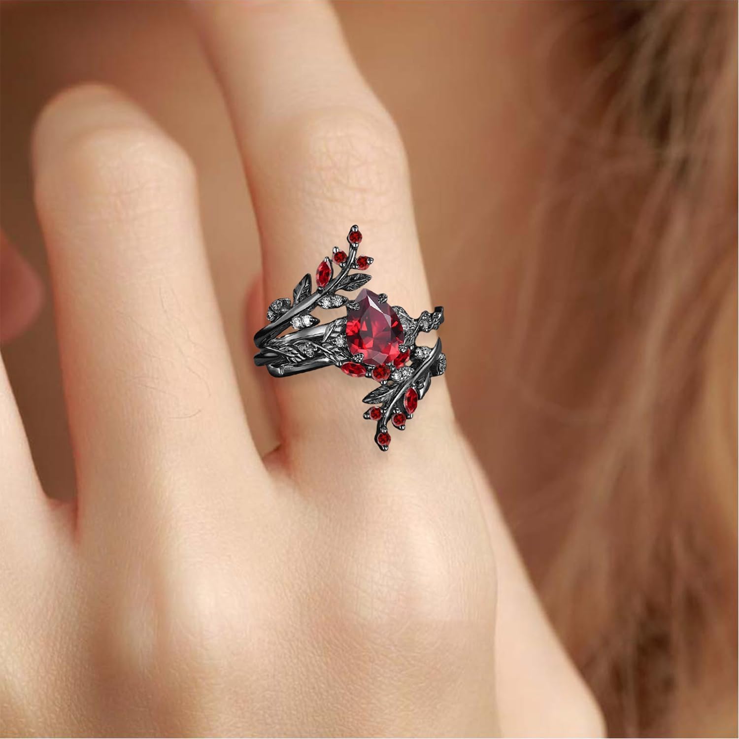 1.5CT Pear/Oval Cut Created Ruby Ring Sets for Women 10K 14K 18K Gold Gemstone Ruby Inspired Anniversary Ring for Wedding Valentine's Day Size 4-12