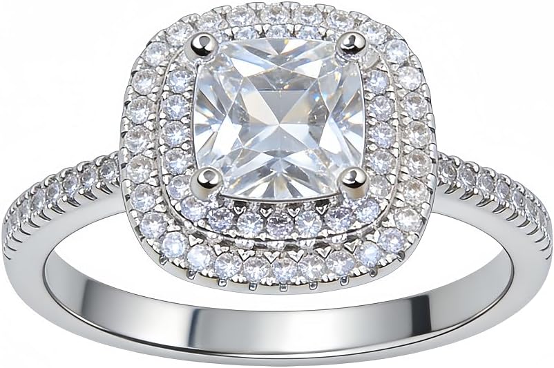 Silver Plated Cushion Cut Halo Ring for Women, Elegant Double Row Zirconia Band, Fashion Statement Jewelry for Engagement, Wedding, Anniversary & Daily Wear