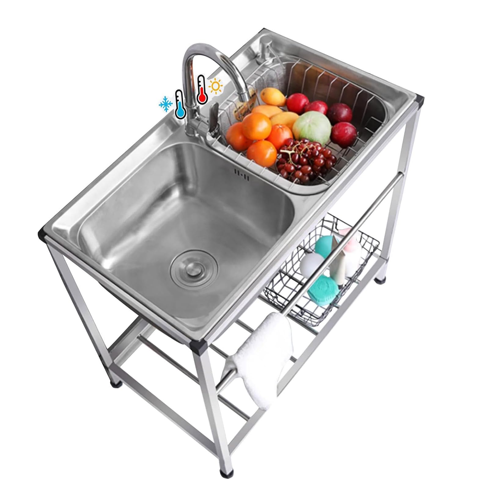 LMYSXAOZ Stainless Steel Camping Sink, Kitchen Sinks Double Bowl, Utility Washing Hand Basin with Cold Hot Faucet for Farmhouse Laundry