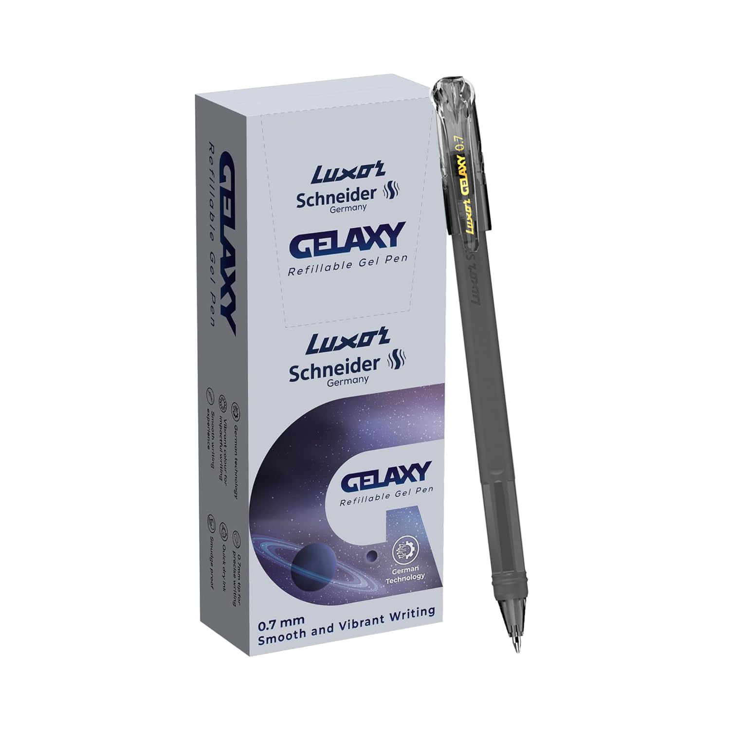 Luxor Schneider Gelaxy - Bolígrafo de gel recargable, paquete de 12 unidades, color negro, escritura precisa de 0,7 mm, tinta de secado rápido, tecnología alemana, flujo de tinta consistente