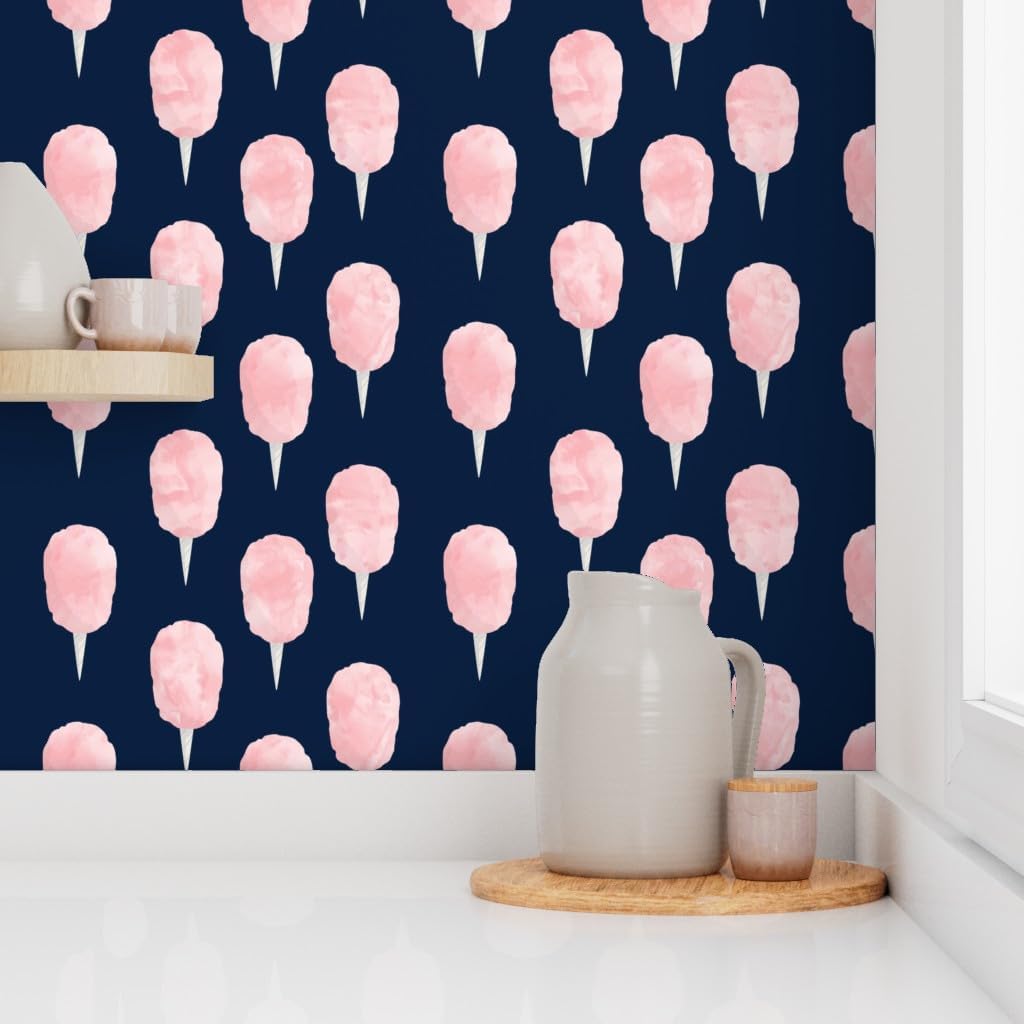 Spoonflower Peel & Stick Wallpaper 3ft x 2ft - Cotton Candy Pink Navy Trendy Fair Food Junk Fairy Floss Custom Removable Wallpaper